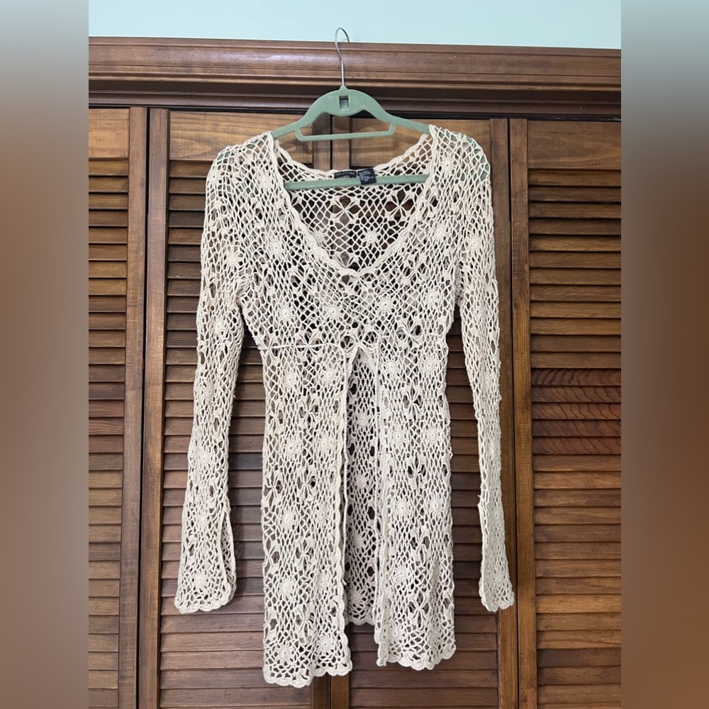 Y2K cream crochet long sleeve dress coverup top cardigan